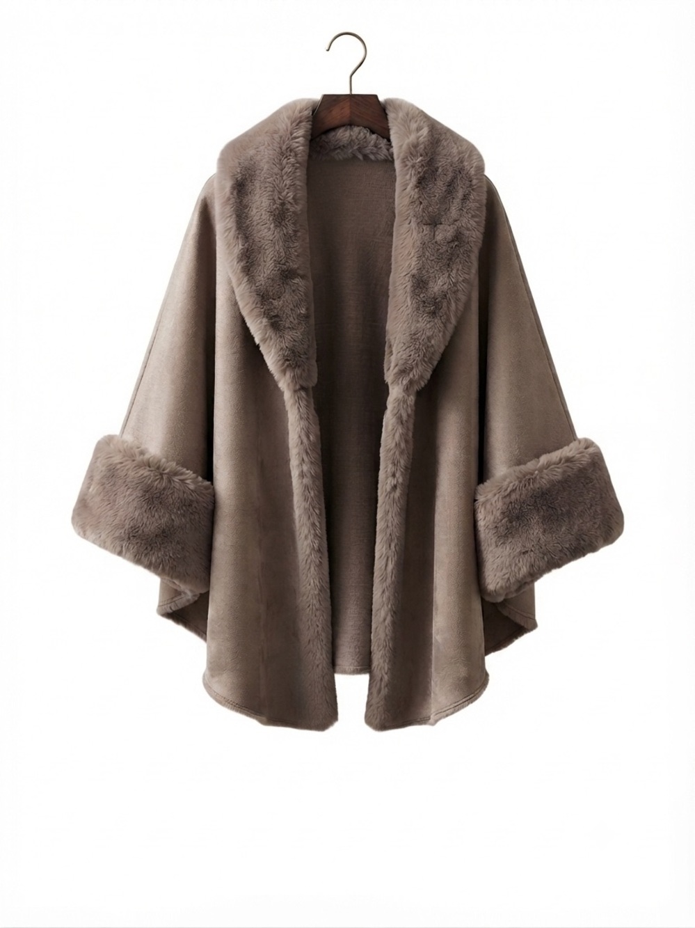 Faux Fur Trim Taupe Poncho Sweater